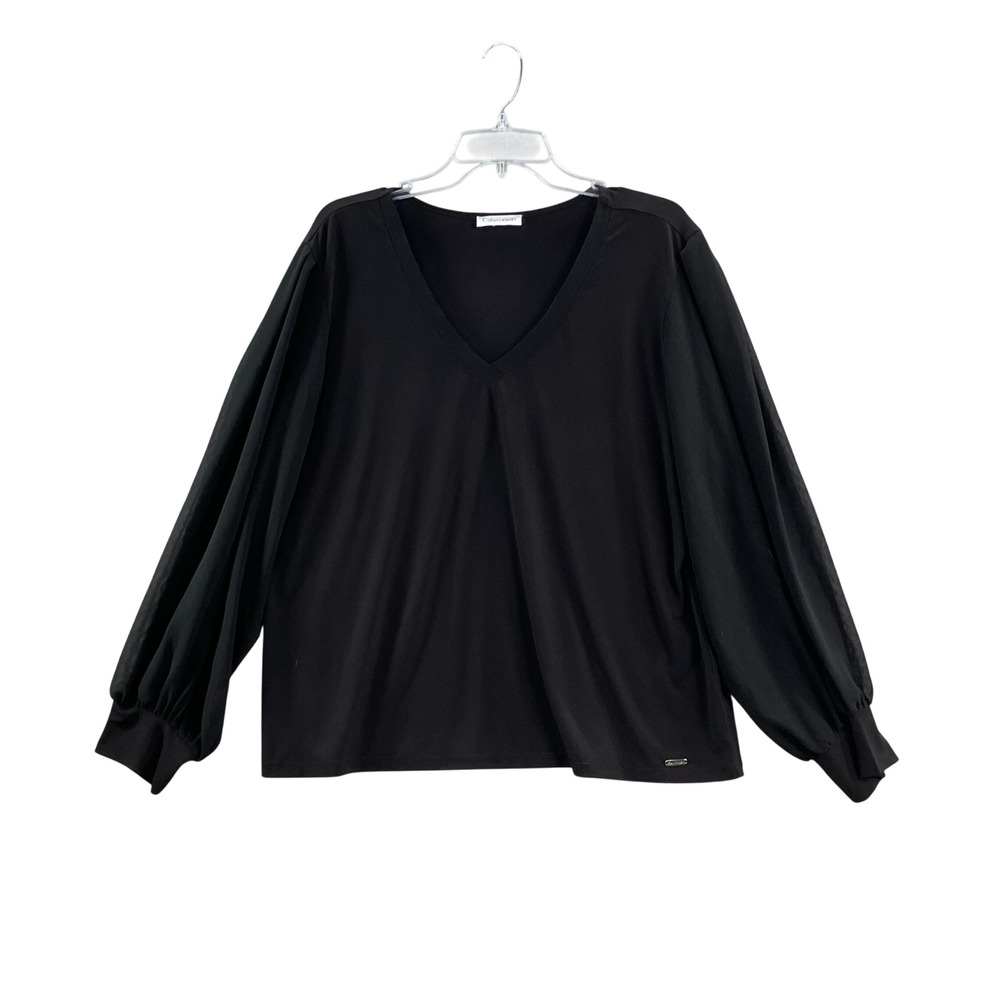 Calvin Klein V-Neck Blouse Womens XL Black Balloon Sleeve Mesh M1VH7090 Top
